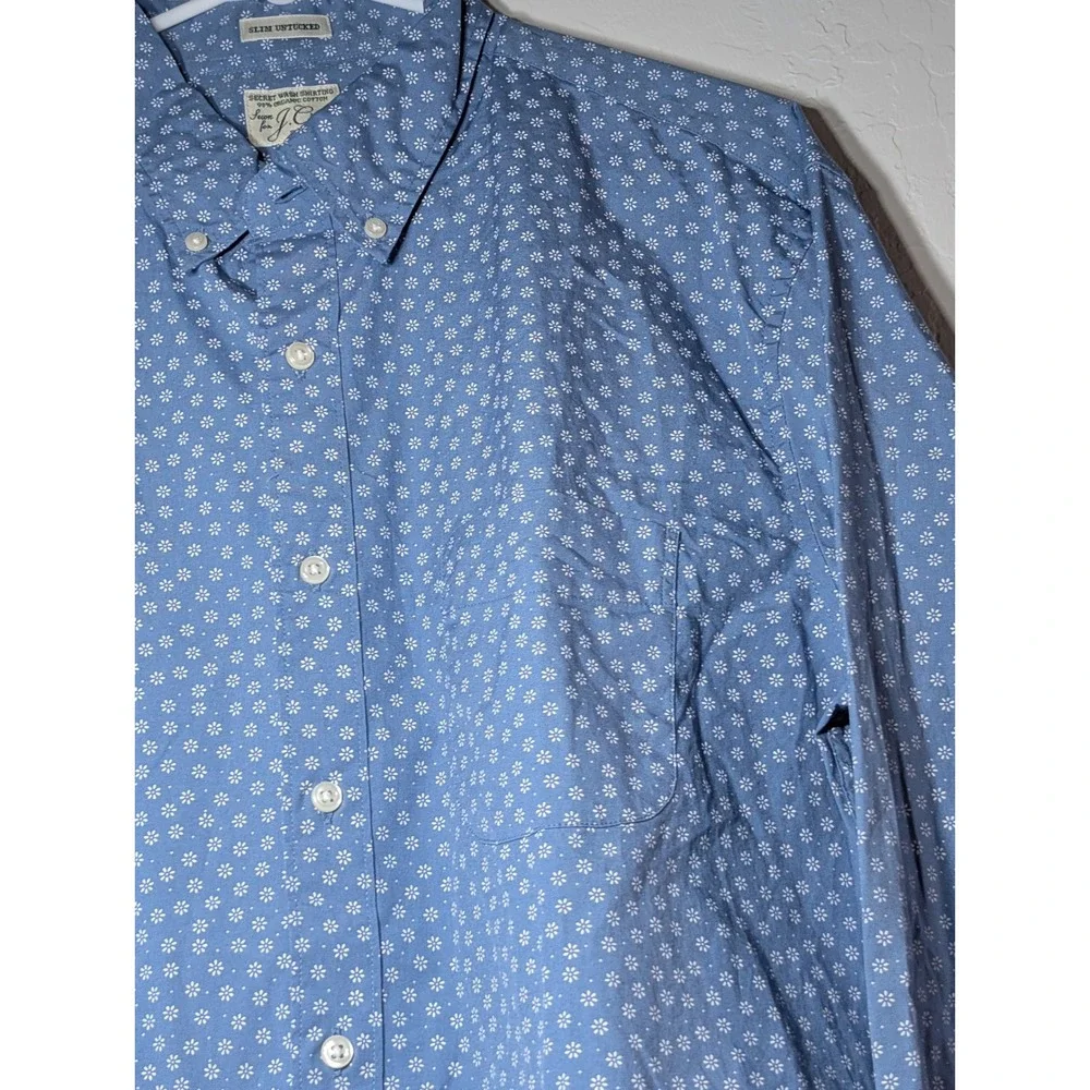 J. Crew Mens Large Slim Untucked Secret Wash Shirt Blue Floral Daisy Stretch L